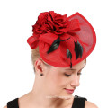 Red Apricot Scalloped and side swept Sinamay Fascinator With Flower Cocktail